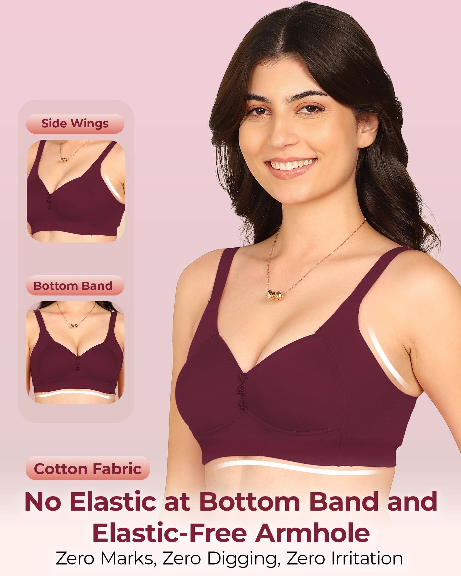 Invisi-Fit Bonded Breathable Cotton Plus Size M-Frame Minimiser Padded Bra (KB-408-MAGENTA)