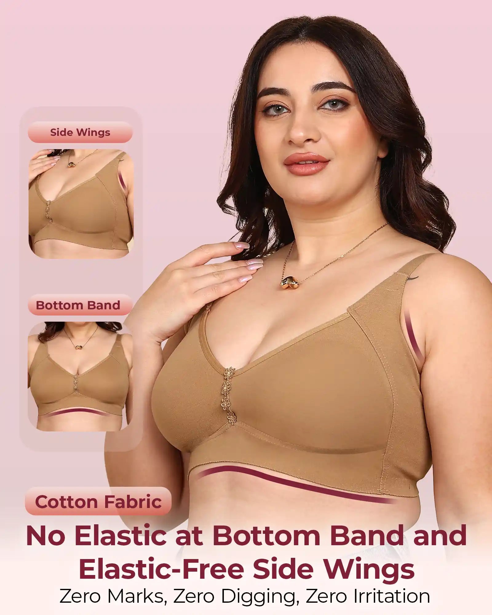 Invisi-Fit Bonded Breathable Cotton Plus Size M-Frame Minimiser Non-Padded Bra (KB-405-FAWN)