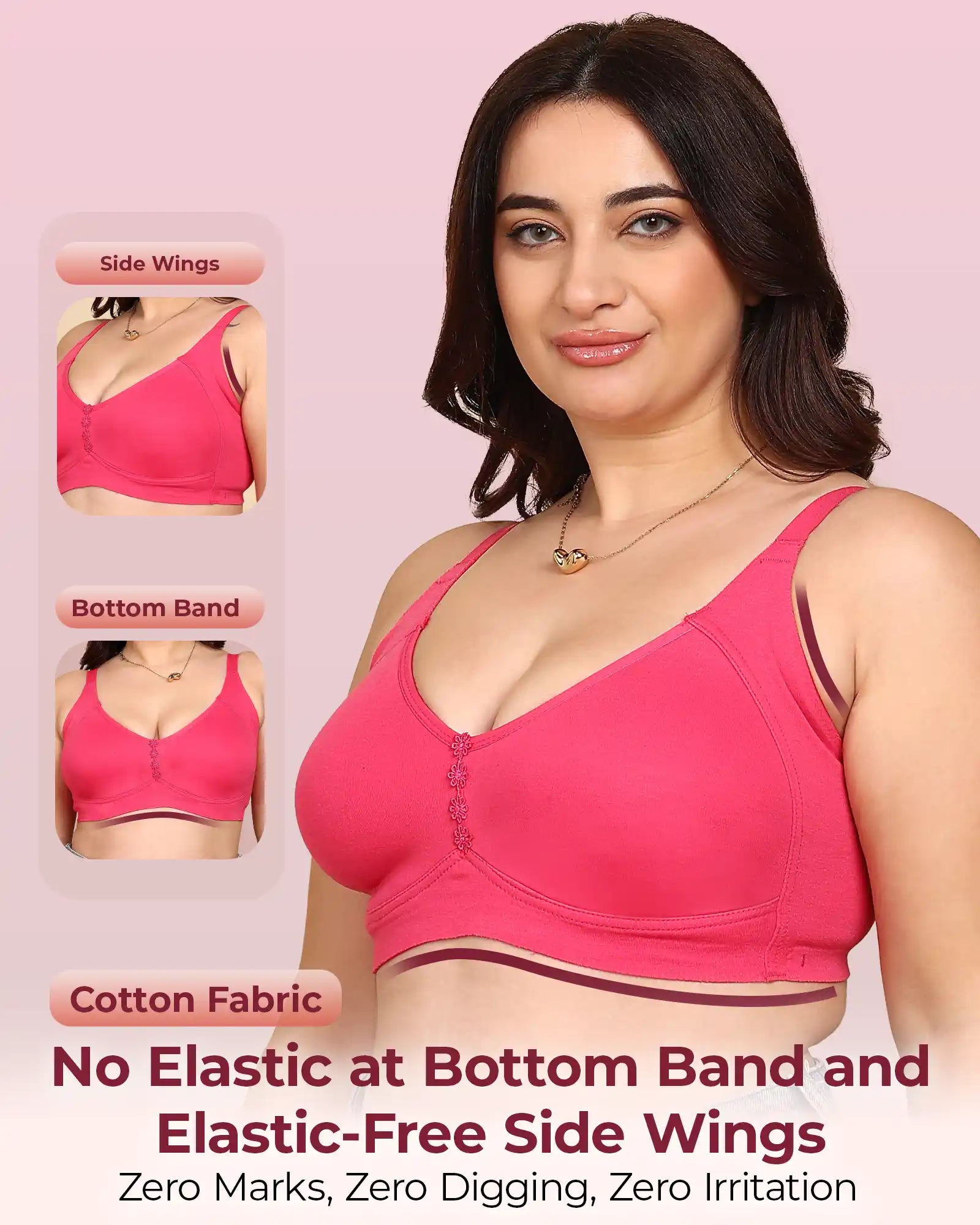 Invisi-Fit Bonded Breathable Cotton Plus Size M-Frame Minimiser Non-Padded Bra (KB-405-DARK PINK)