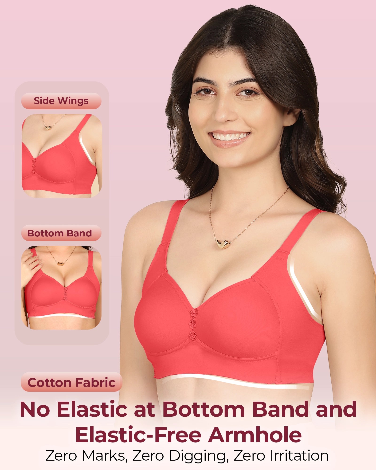 Invisi-Fit Bonded Breathable Cotton Plus Size M-Frame Minimiser Padded Bra (KB-408-CORAL)