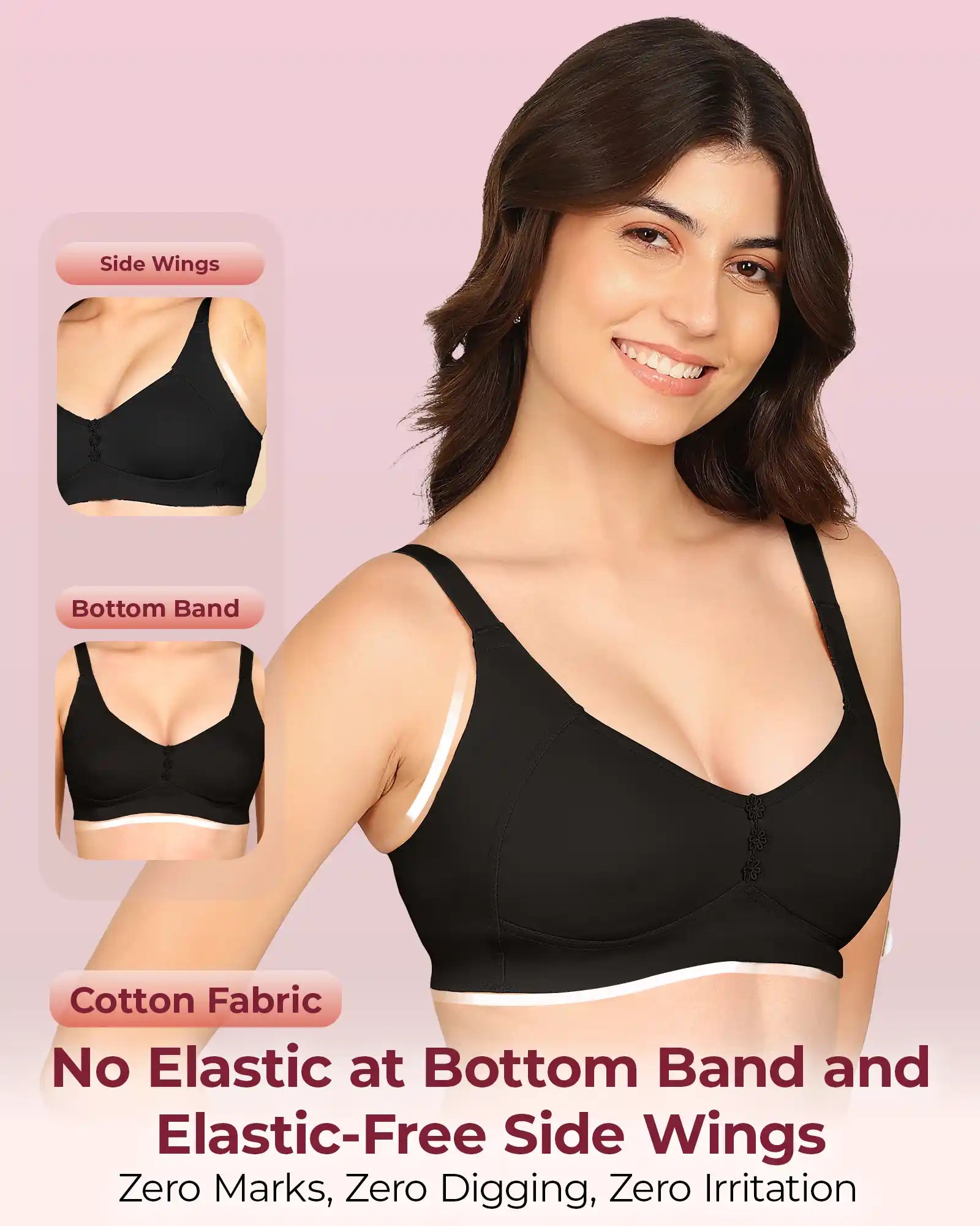 Invisi-Fit Bonded Breathable Cotton Plus Size M-Frame Minimiser Non-Padded Bra (KB-405-BLACK)