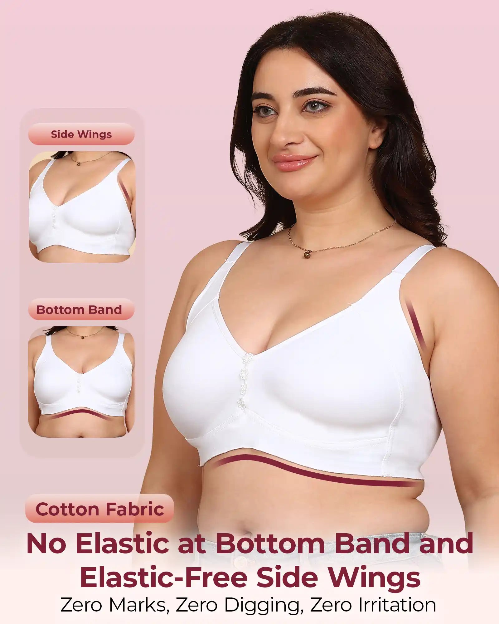 Invisi-Fit Bonded Breathable Cotton Plus Size M-Frame Minimiser Non-Padded Bra (KB-405-WHITE)
