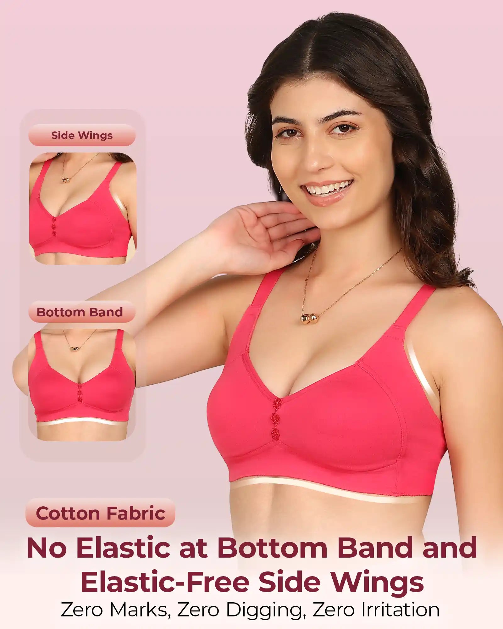 Invisi-Fit Bonded Breathable Cotton Plus Size M-Frame Minimiser Non-Padded Bra (KB-405-DARK PINK)
