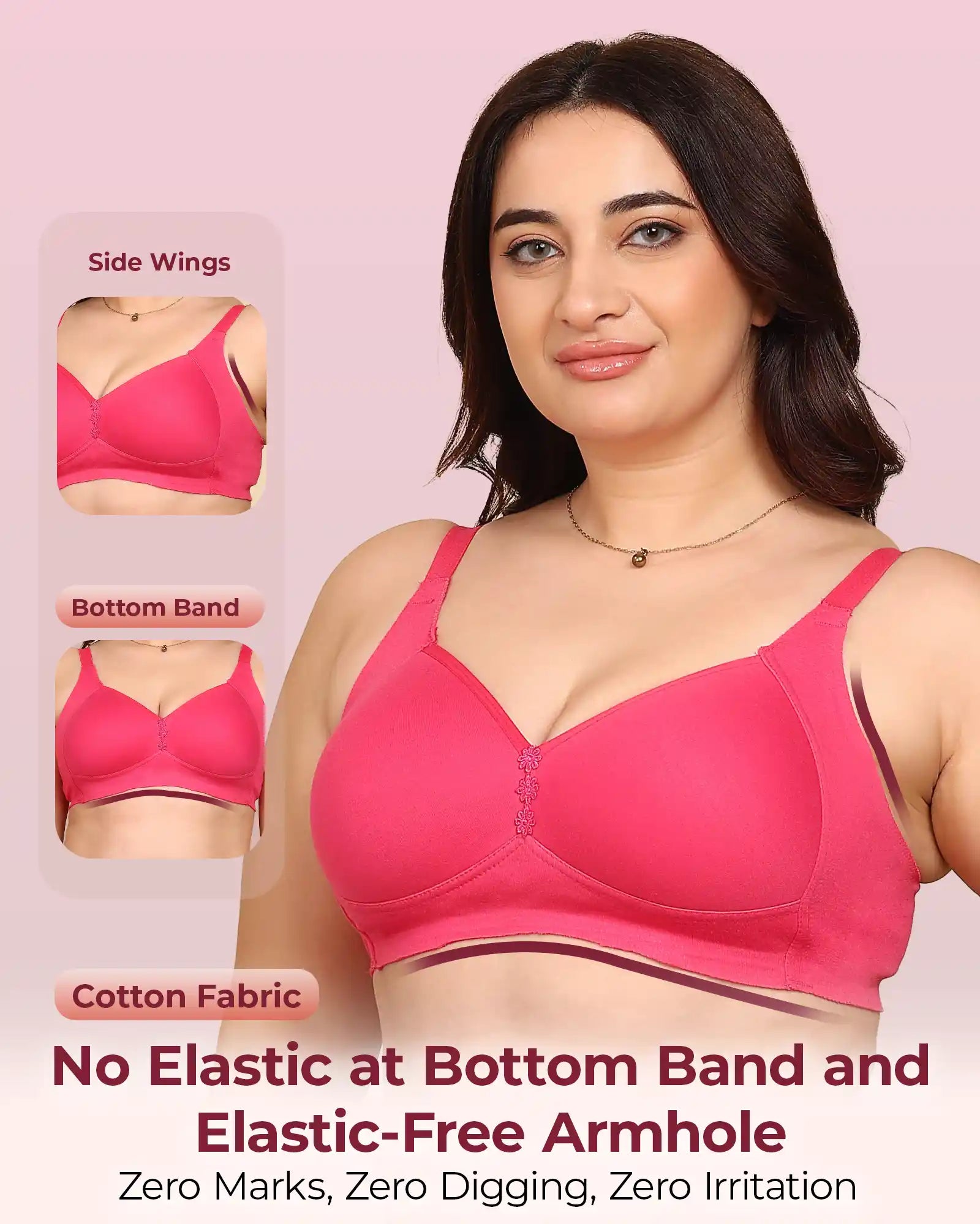 Invisi-Fit Bonded Breathable Cotton Plus Size M-Frame Minimiser Padded Bra (KB-408-DARK PINK)