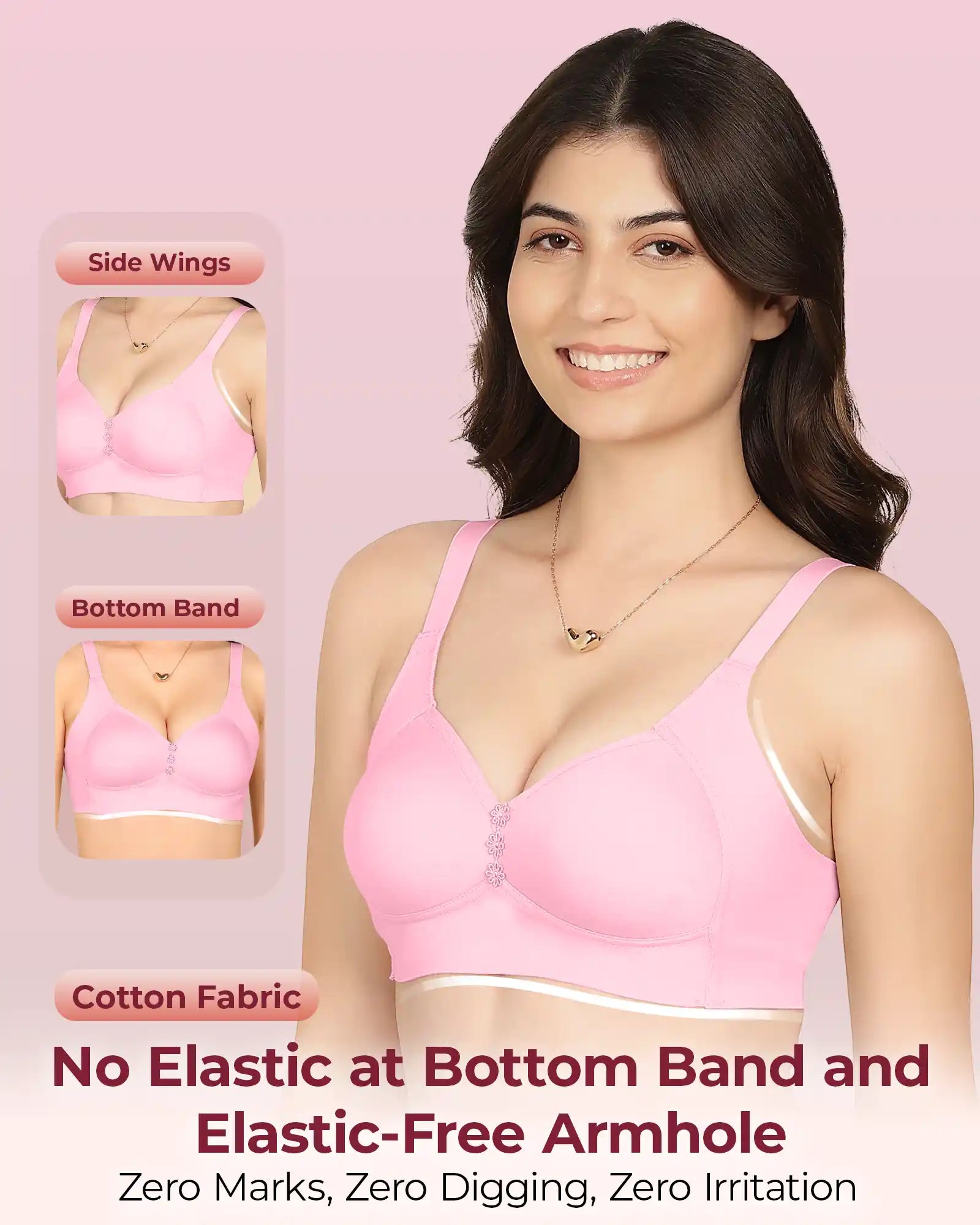 Invisi-Fit Bonded Breathable Cotton Plus Size M-Frame Minimiser Padded Bra (KB-408-PINK)