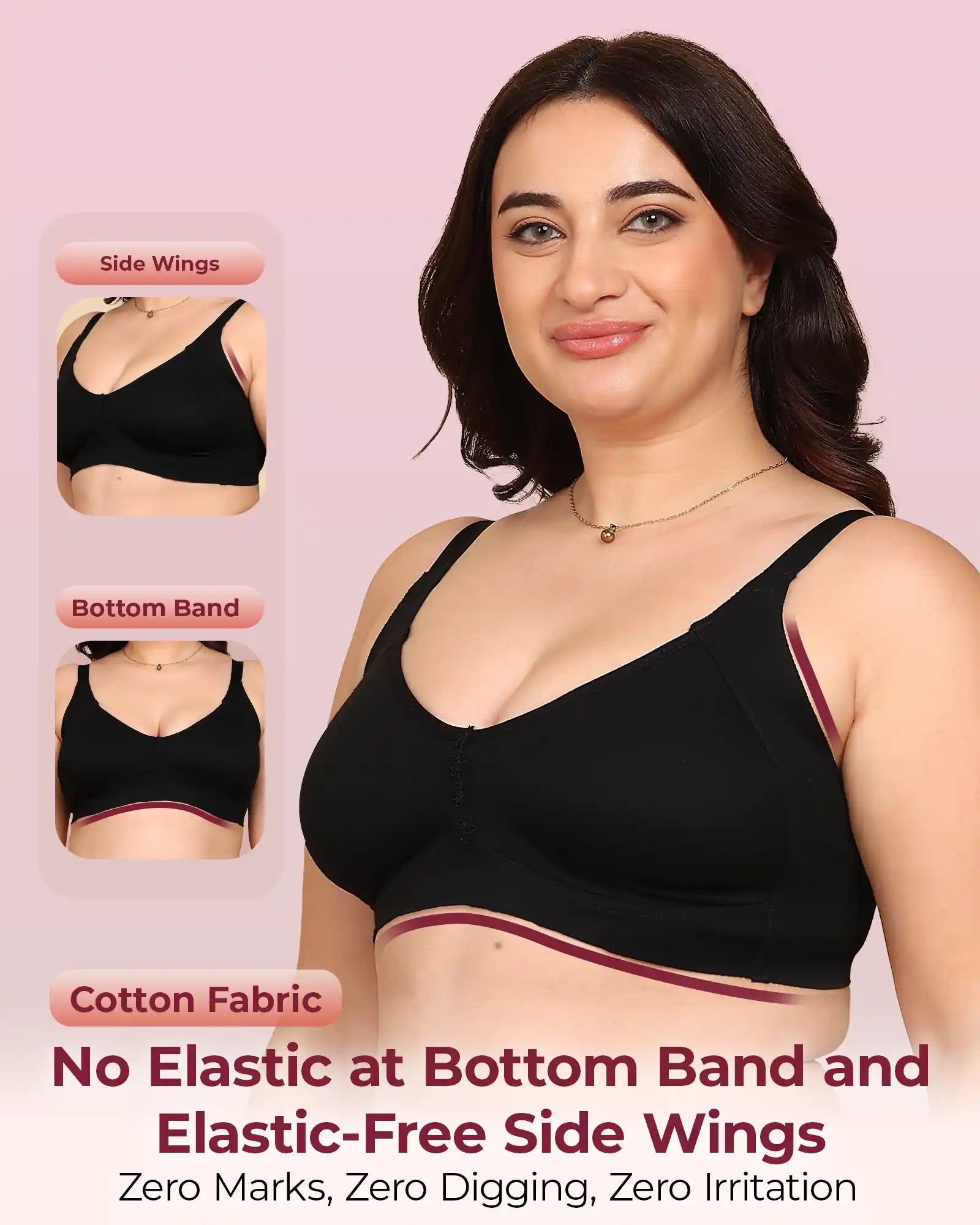 Invisi-Fit Bonded Breathable Cotton Plus Size M-Frame Minimiser Non-Padded Bra (KB-405-BLACK)