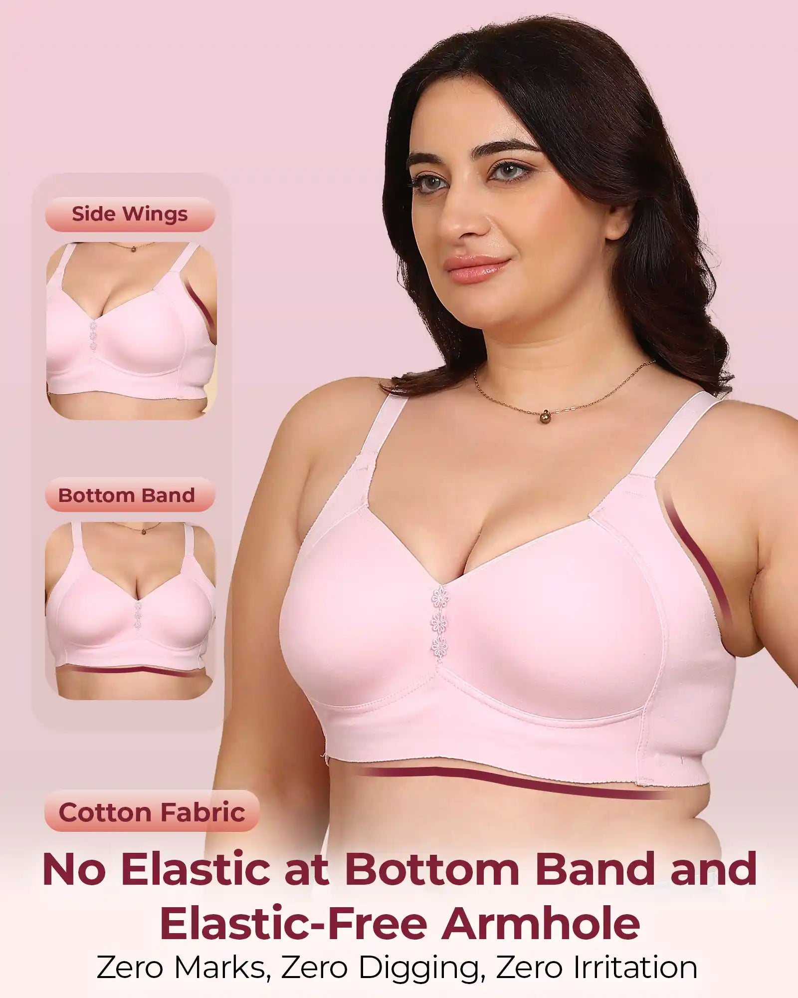 Invisi-Fit Bonded Breathable Cotton Plus Size M-Frame Minimiser Padded Bra (KB-408-PINK)