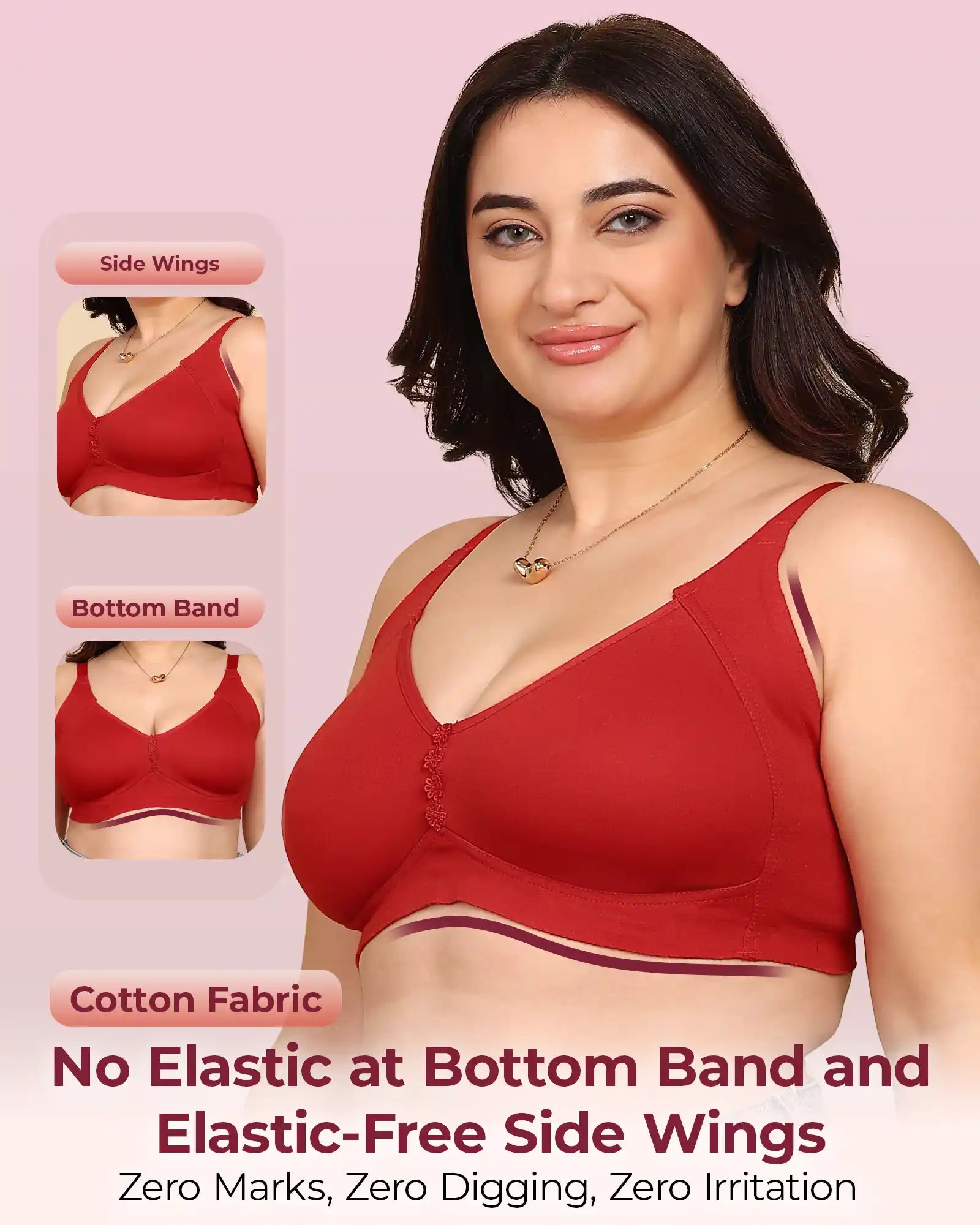 Invisi-Fit Bonded Breathable Cotton Plus Size M-Frame Minimiser Non-Padded Bra (KB-405-RED)