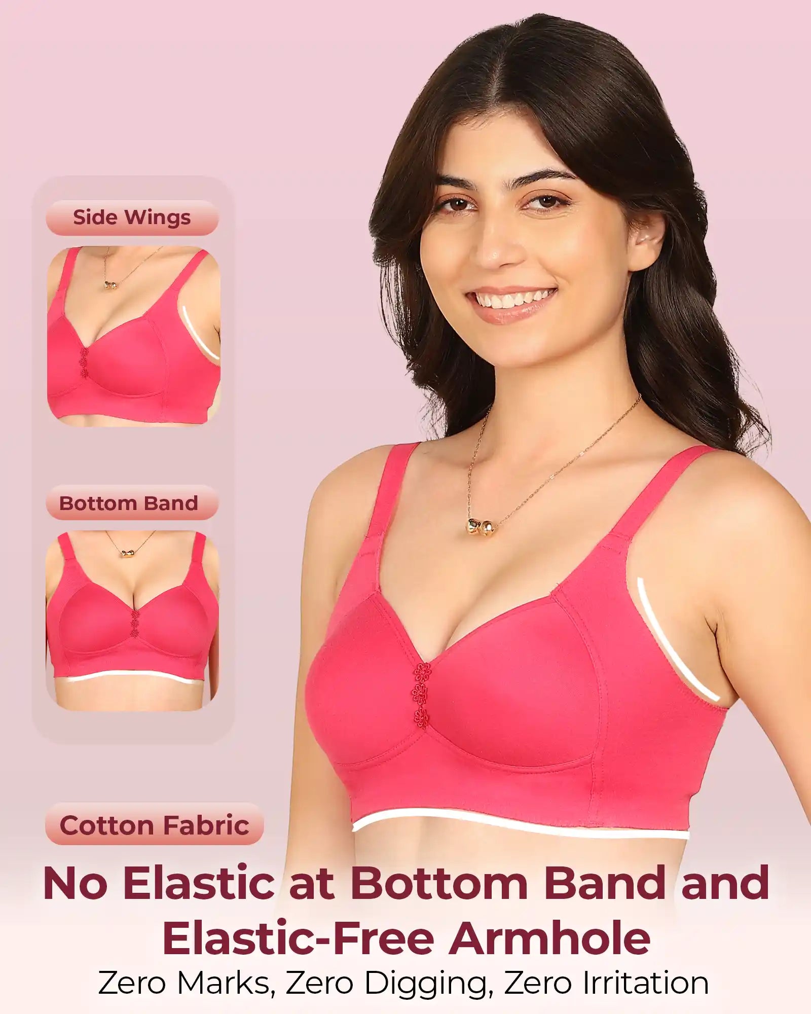 Invisi-Fit Bonded Breathable Cotton Plus Size M-Frame Minimiser Padded Bra (KB-408-DARK PINK)