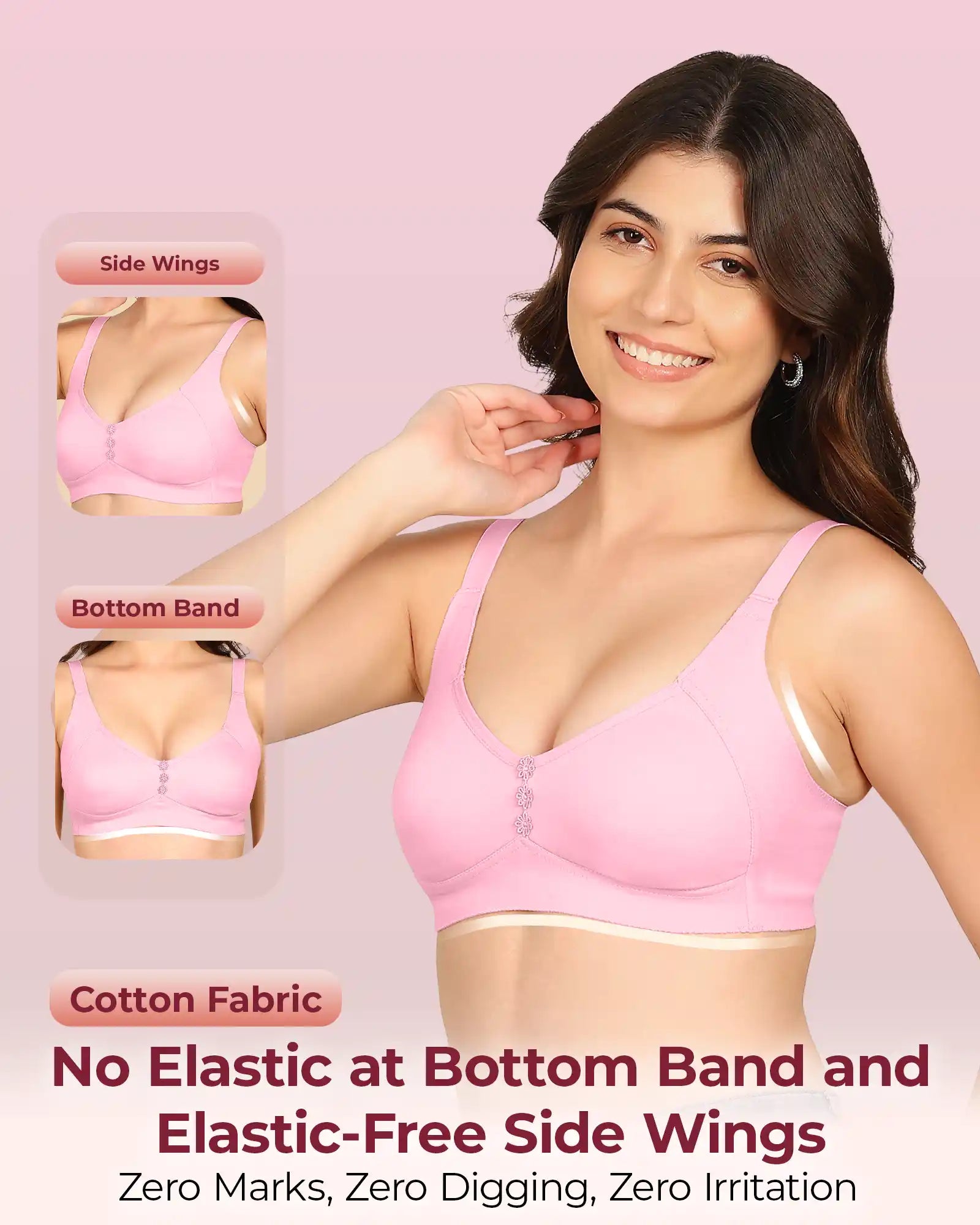 Invisi-Fit Bonded Breathable Cotton Plus Size M-Frame Minimiser Non-Padded Bra (KB-405-PINK)