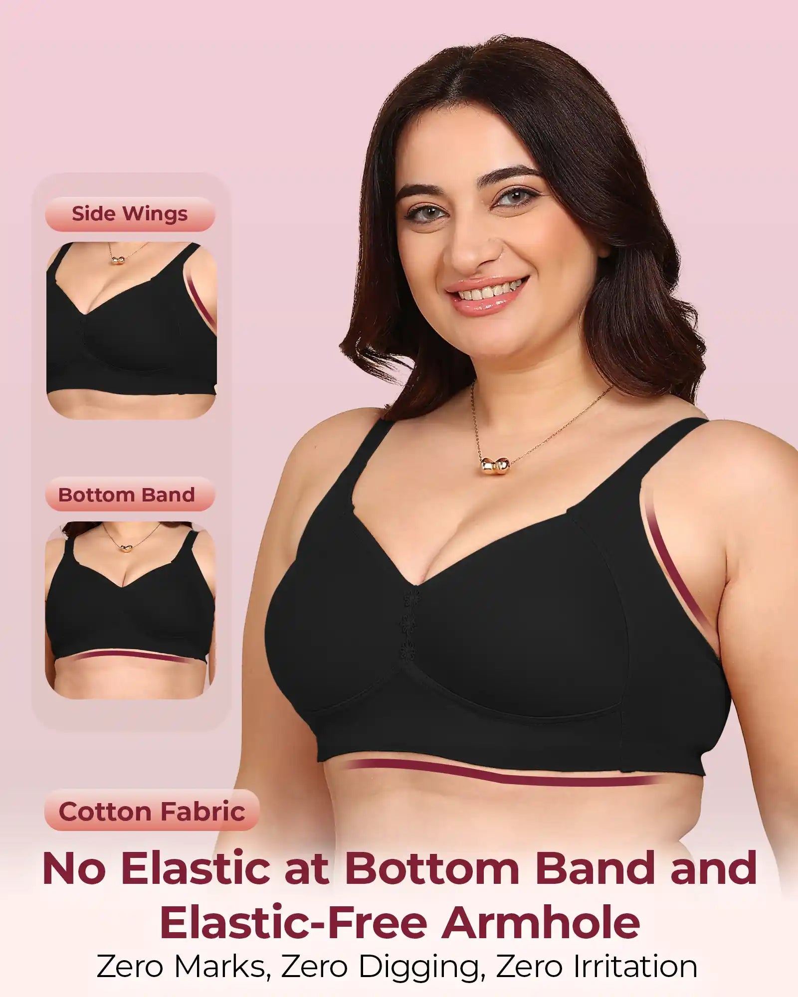 Invisi-Fit Bonded Breathable Cotton Plus Size M-Frame Minimiser Padded Bra (KB-408-BLACK)