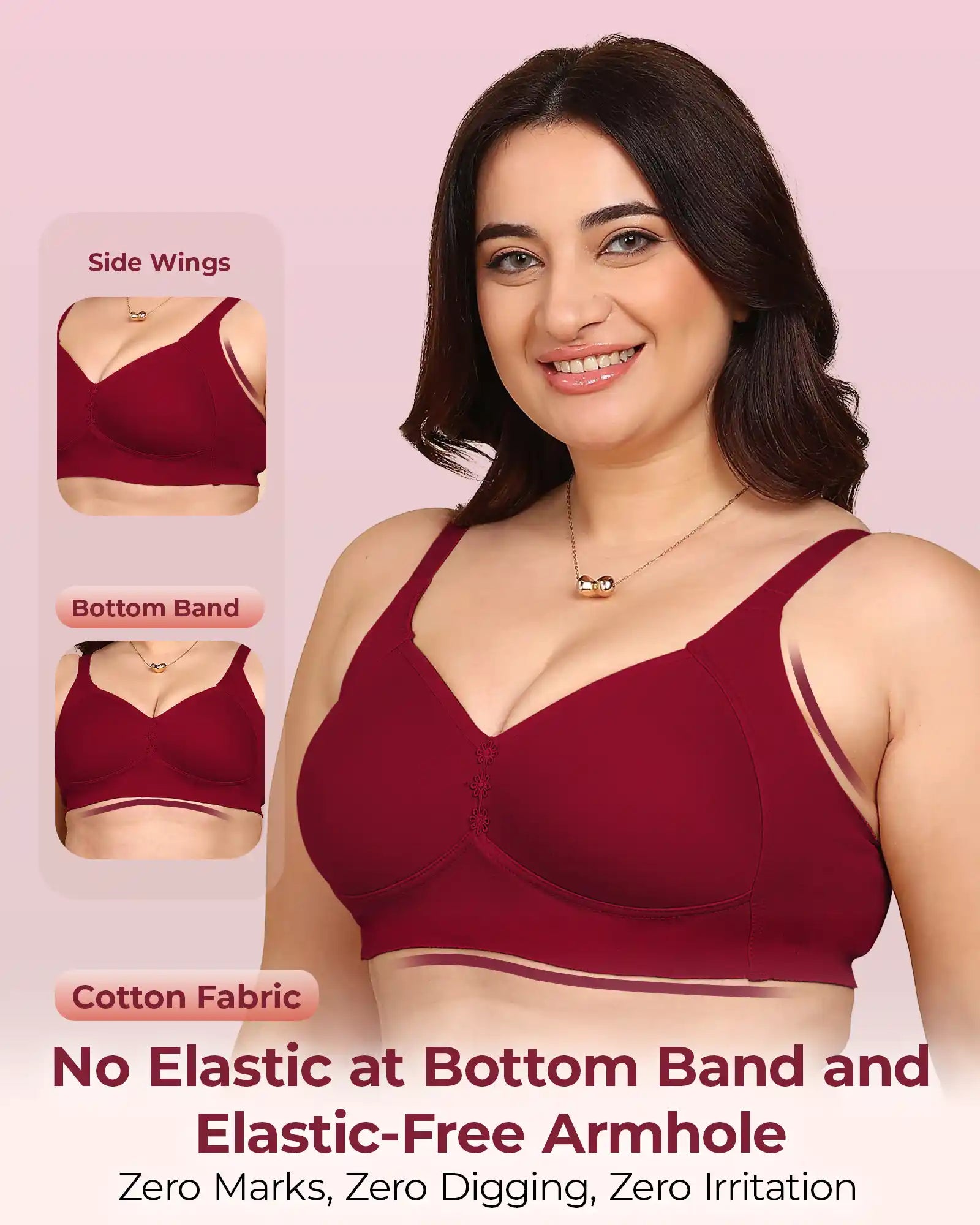 Invisi-Fit Bonded Breathable Cotton Plus Size M-Frame Minimiser Padded Bra (KB-408-MAGENTA)